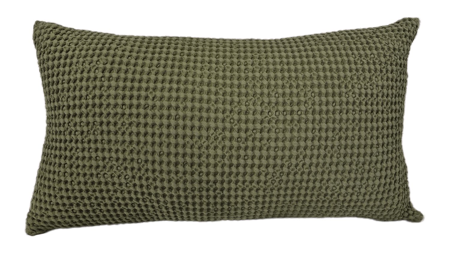 A rectangular New Bliss Feather Cushion featuring an olive finish and a waffle-weave texture